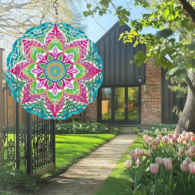 Wind Spinners Outdoor, Hanging Wind Spinner for Garden Decoration, 8 inch 3D Stainless Steel Metal Wind Sculpture for Indoor/Outdoor Decor, Mandala A
