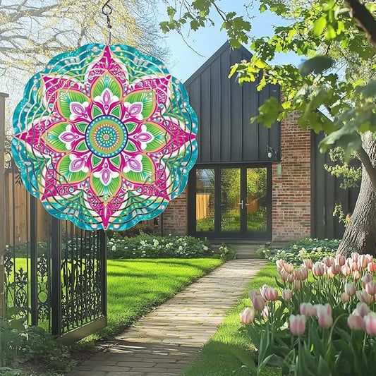 Wind Spinners Outdoor, Hanging Wind Spinner for Garden Decoration, 8 inch 3D Stainless Steel Metal Wind Sculpture for Indoor/Outdoor Decor, Mandala A