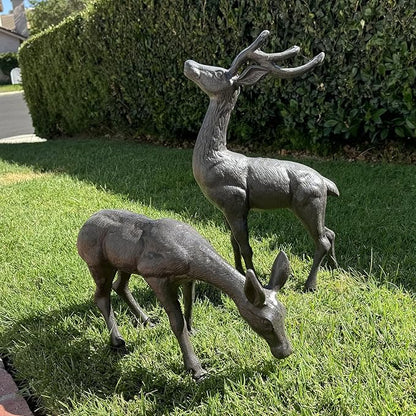 Elegant Pair of Cast Iron Deer Sculptures -22" and 11.4" Tall Male and Female Set for Outdoor Garden Decor, Realistic Animal Statues HC3672-5691
