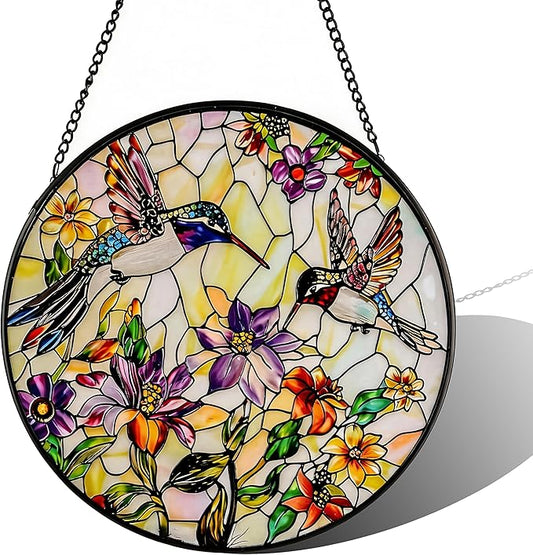 Stained Glass Sun Catcher,HummingbirdsStained Glass Window Hanging Garden Decor,Sun Catchers Indoor Window,Whimsical Decoration for Home Backyard Patio Lawn Porch with 9.8 INCH