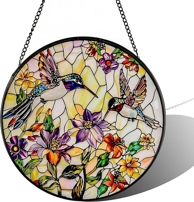Stained Glass Sun Catcher,HummingbirdsStained Glass Window Hanging Garden Decor,Sun Catchers Indoor Window,Whimsical Decoration for Home Backyard Patio Lawn Porch with 7.9 INCH