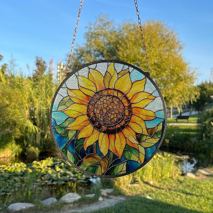 Sunflower Stained Glass Window Ornaments, Painted Suncatchers, Patio Decor, Outdoor Garden Decor, Balcony Decor, Home Decor, Glass Art, 7.8 inch