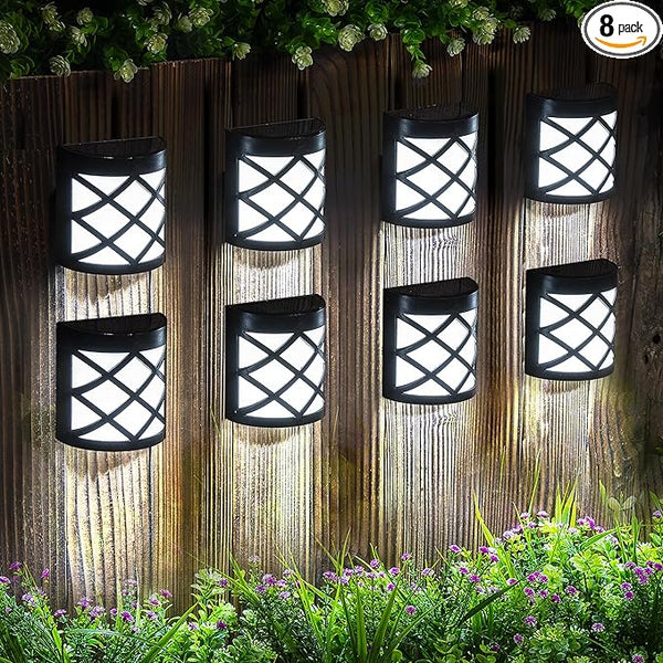 GIGALUMI 8 Pack Solar Fence Light Cold White Porch Solar Powered Decor Outdoor Waterproof Wall Fence Lights for Garden, Yard, Patio, Front Door, Garage