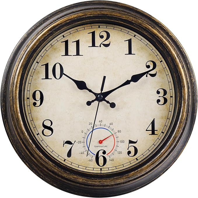 Outdoor Clocks Waterproof with Thermometer Vintage Wall Clock Decor for Bathroom Patio Pool Garden(12 Inch)