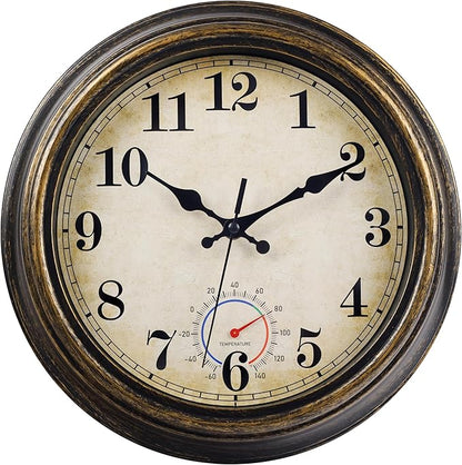 Outdoor Clocks Waterproof with Thermometer Vintage Wall Clock Decor for Bathroom Patio Pool Garden(12 Inch)