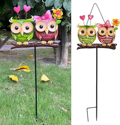Metal Owl Couple Garden Stakes, Hand Painted 3D Yard Art, Colorful Outdoor Lawn Ornaments Sculpture Decor, Gift for Family and Couple (Small)