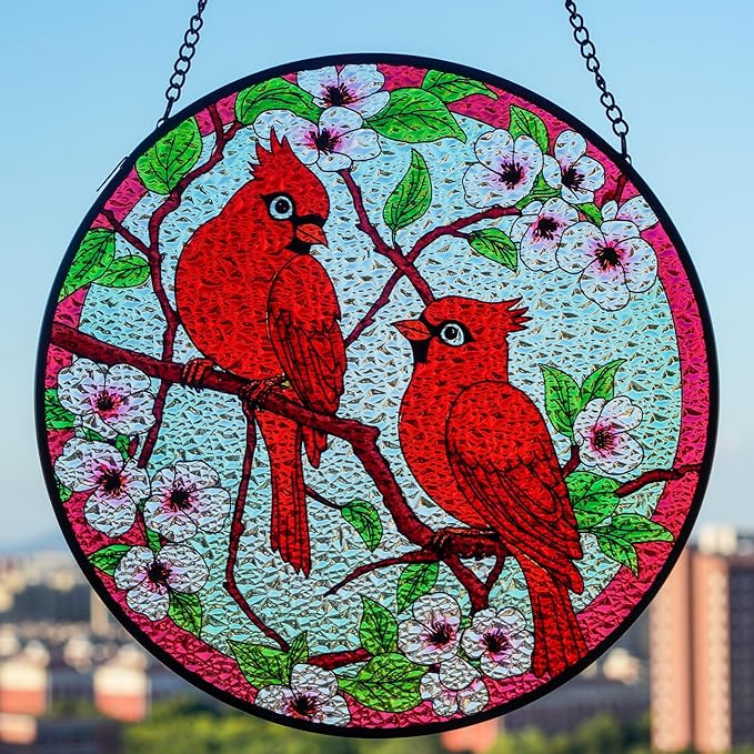 Stained Glass Window Hanging, Suncatcher (Cardinal, 7.8 Inch)