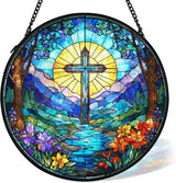 Christian Cross Suncatcher Stained Glass Window Hanging Decor, Christian Sunshine Stained Glass Wall Decor Gifts, Religious Baptism Nature Lawn Garden Sun Catchers Hanging Wall Art, 7.9x7.9 in