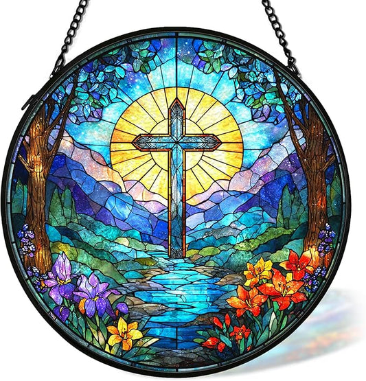 Christian Cross Suncatcher Stained Glass Window Hanging Decor, Christian Sunshine Stained Glass Wall Decor Gifts, Religious Baptism Nature Lawn Garden Sun Catchers Hanging Wall Art, 7.9x7.9 in