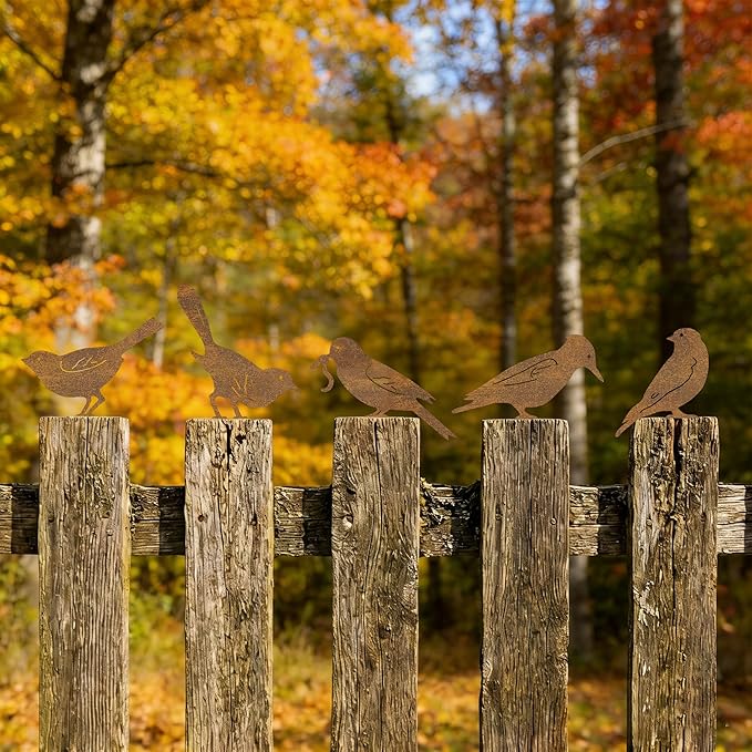 Rusty Metal Bird Silhouette Garden Decor - 5 Pack Metal Bird Art Fence Topper Decorations,Rustic Bird Sculptures for Outdoor Yard, Patio, Fence, Tree, Garden Gifts for Mom, Grandma, Bird Lovers