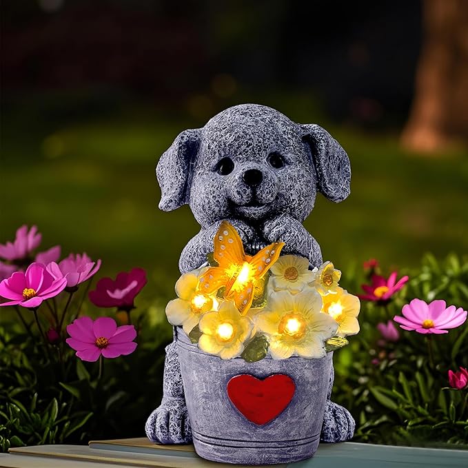 OTAVILEM Solar Garden Decor Dog Statue,Outdoor Dog Figurines with Bucket for Patio, Balcony, Backyard,Lawn Ornaments and Yard Decorations - Unique Gifts for Women, Mom,Grandma
