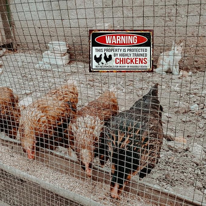 Funny Chicken Sign, Metal Chicken Coop Tin Signs, This property is protected by chickens, Yard Sign Garage Farm Garden Wall Decor Sign Plaque Outdoor for Home Fence 8 X 12 Inches