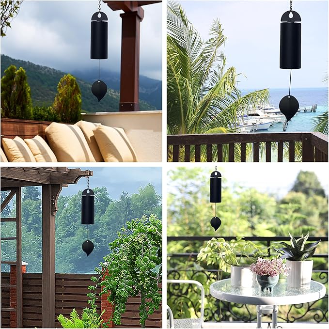 Wind Chimes for Outside Deep Tone, Large Metal Cylinder Memorial Wind Chimes Outdoor - Serenity Bell with Deep Resonance Outdoor Decor for Garden Patio Yard Porch - Black