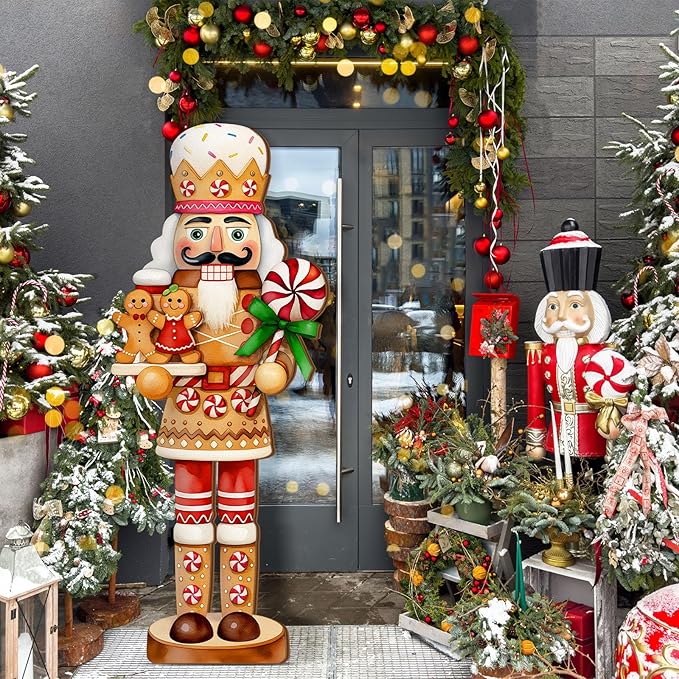 Winter Snowman Porch Sign Wooden Porch Decor Winter Christmas Nutcracker Snowman Front Door Welcome Standing Sign for Xmas Farmhouse Outdoor Yard Wall Hanging Decorations(40 Inch,Nutcracker)