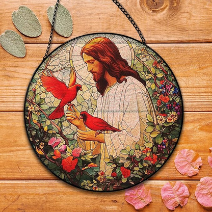 Jesus Cardinal Suncatcher Stained Glass Window Hanging, Christian Jesus Cardinal Flower Sun Catchers Indoor Window Glass Round Wall Decor, Religious Wall Art Hanging Decorations, 7.8＂x7.8＂