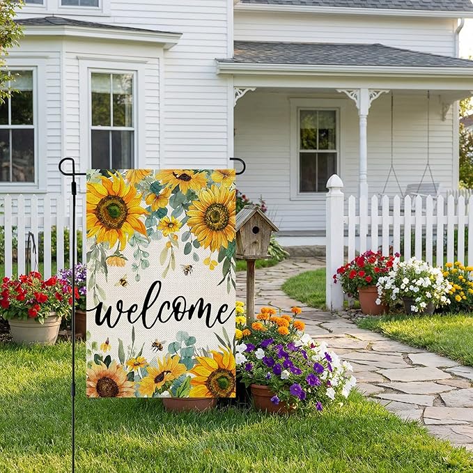 CROWNED BEAUTY Summer Garden Flag Sunflowers 12x18 Inch Double Sided Small Yellow Floral Seasonal Holiday Decoration for Outside Yard
