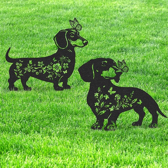 Dachshund Garden Stakes Decorations - 2 Pcs Metal Dog Lover Statues Set Decor for Yard Black Butterfly Gifts Silhouette Lawn Ornaments Outdoor Cute Art Flowers Patio Signs Animals Sculpture