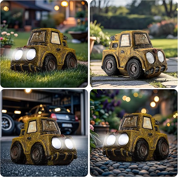 Etlemonde Garden Statue Outdoor Solar Car Decor with LED Light Vintage Resin Sculpture Truck Rustic Decoration for Lawn Patio Yard Gifts for Women
