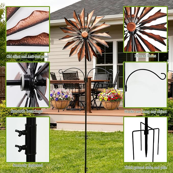 Yard Garden Wind Spinners - Large Outdoor Metal Wind Spinners with Stake, Yard Art Lawn Garden Decor Bronze-Colored Blade Rotator (25.5" W x 95" H)