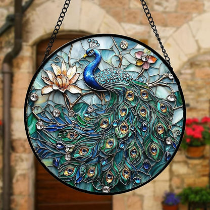 DASTOLL Stained Glass Window Hanging, Blue Peacock Decoration Suncatcher for Door Garden Home Flower Bird Sun Catchers Christmas Mother's Day Birthday Gifts for Women Men Mom Nana Friend 6.3 in