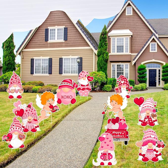 Glenmal 12 Pcs Valentine's Day Yard Signs with Stakes Valentine Gnomes Lawn Decorations Outdoor Love Swedish Corrugated Decor for Wedding Anniversary Party