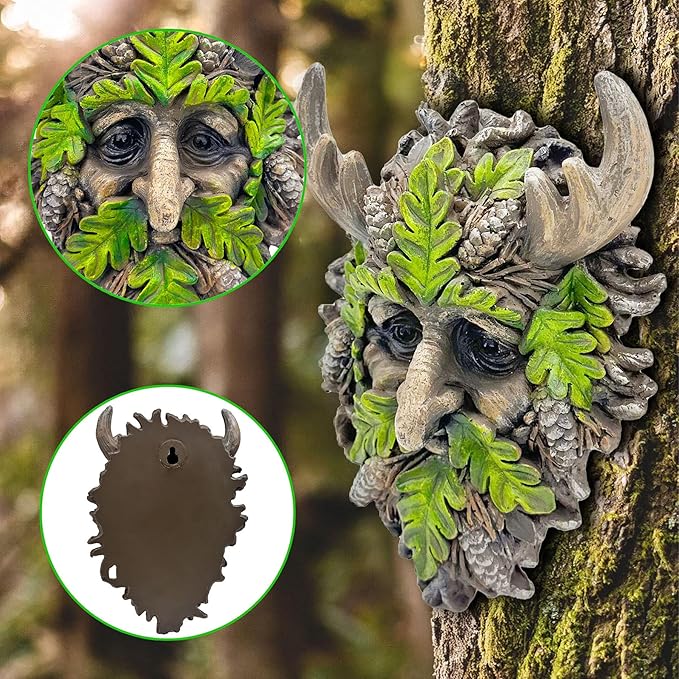 8.3" Real Tree Face Hugger Statue, Garden Outdoor Resin Sculpture with Foliage Features, Fairy Elve Accent Yard Art, Halloween Trees Decorations Outdoor Wall Mounted Statue