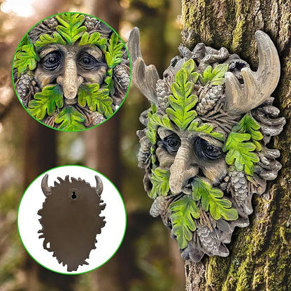 8.3" Real Tree Face Hugger Statue, Garden Outdoor Resin Sculpture with Foliage Features, Fairy Elve Accent Yard Art, Halloween Trees Decorations Outdoor Wall Mounted Statue