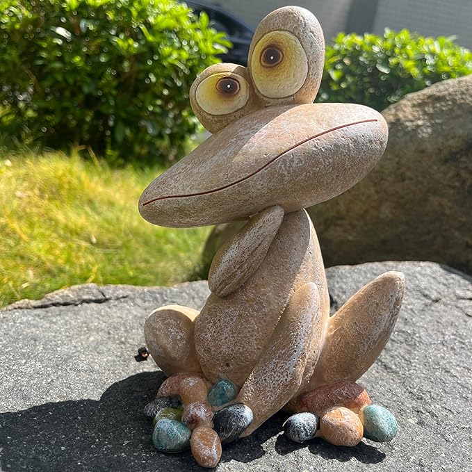 Funny Frog Garden Statue Outdoor Dec Cute Resin Animal Figurine Weatherproof for Yard Lawn Patio Garden Bed Pathway - Whimsical Indoor Outdoor Ornament Gift for Nature Lovers