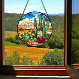 Stained Glass Window Hanging Desert Green Cactus Red Flowers 9.8" - Suncatcher Door Garden Sun Catcher Landscape Home Decor Birthday Christmas for Mom Men Woman Nana