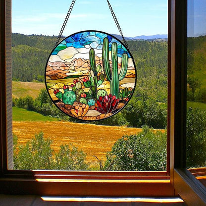 Stained Glass Window Hanging Desert Green Cactus Red Flowers 6.3" - Suncatcher Door Garden Sun Catcher Landscape Home Decor Birthday Christmas for Mom Men Woman Nana