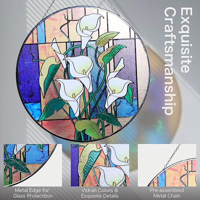 Hanway Suncatcher in Colorful Stained Glass 12" Dia - Genuine Brightly Colored Glass, Protective Metal Edge, Ready to Use Hanging Chain, for Window, Garden (Alocasia)