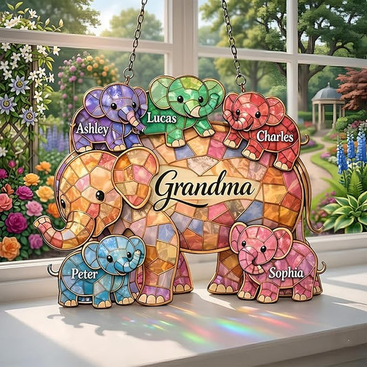 Personalized Grandma Elephant Stained Glass Suncatcher, Custom Grandchildren Names Window Hanging Ornament, Elephant Family Mother’s Day Keepsake, Colorful Home Decor for Grandma