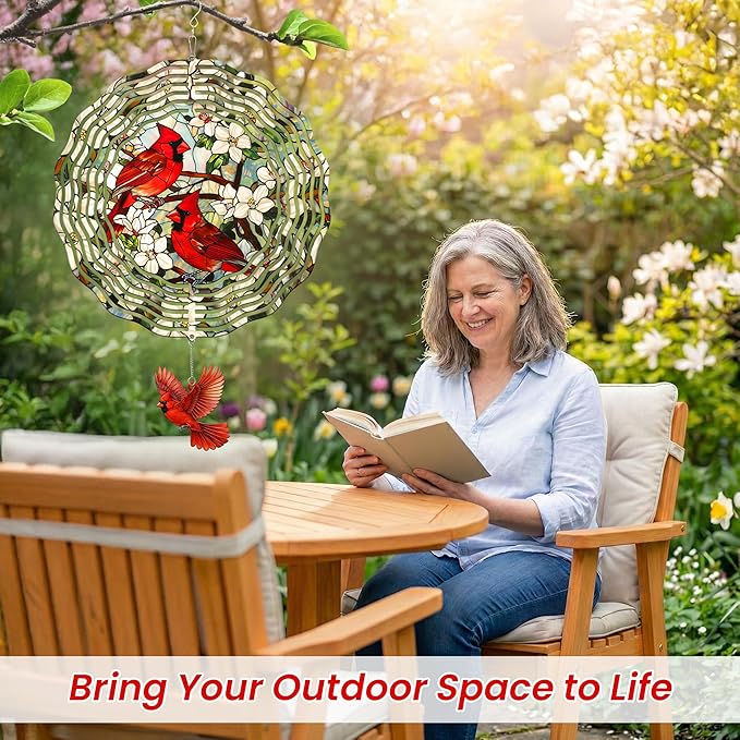 FLAGWIX Cardinal Gifts for Women Men - Cardinal Decor 3D Stainless Steel Wind Spinners Outdoor 12 in - Garden Spinners Outdoor, Cardinals Wind Spinner for Garden Decor, Gardening Gifts for Mom Grandma