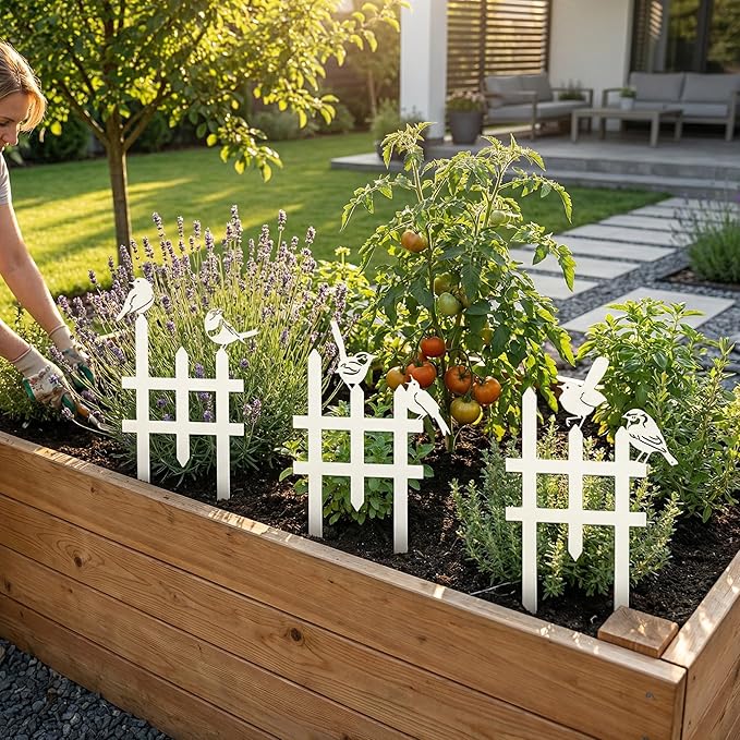 3 Pcs Small Garden Fence with 6 Pieces Birds Decoration, Metal Birds Yard Decor, Insert Lawn Picket Fence Garden Borders Decorative for Landscape Path Flowerbeds Plant Yard, Fence Decorations Outdoor