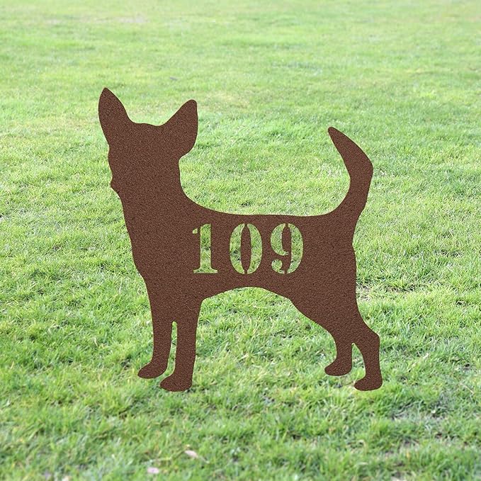 Chihuahua House Number Sign Yard Address Plaque Garden Lawn Stake Metal Last Name Welcome Family Name Sign Monogram Sculpture for Yard Garden Porch Lawn Grassland Park Farm Flowerpot Decor.