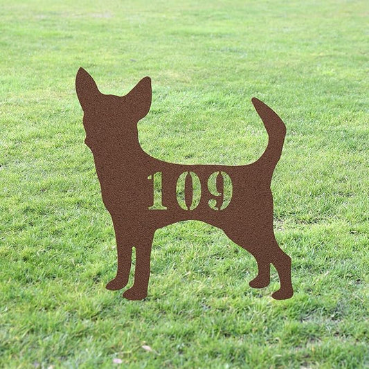 Chihuahua House Number Sign Yard Address Plaque Garden Lawn Stake Metal Last Name Welcome Family Name Sign Monogram Sculpture for Yard Garden Porch Lawn Grassland Park Farm Flowerpot Decor.