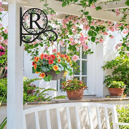 Metal Initial Letter R Plant Hanger Bracket, Decorative Wall Mount Hanging Plant Hook, Monogram Floral Leaf Garden Decor for Hanging Baskets, Bird Feeders, Lanterns, Wind Chimes