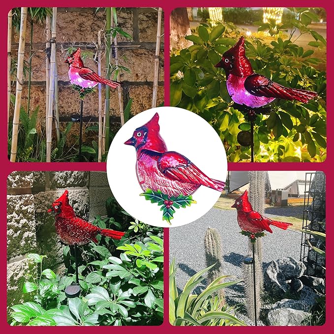 Cardinal Garden Stakes Solar Birds Lights Decorations Outdoor Waterproof, Decorative Solar Fence Pathway Lights Outdoor Garden, Cardinal Outside Patio Backyard Valentine's Day Decor