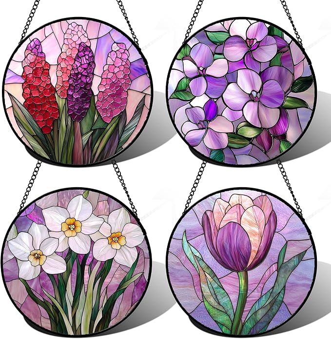 DASTOLL Stained Glass Window Hanging 4 Pcs Set Purple Flower Theme Large 15" - Tulip Suncatcher Door Garden Sun Catcher Decor Birthday Christmas for Plant Lovers Woman Nana Men