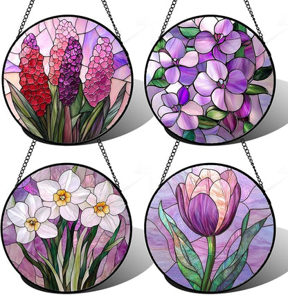 DASTOLL Stained Glass Window Hanging 4 Pcs Set Purple Flower Theme Large 15" - Tulip Suncatcher Door Garden Sun Catcher Decor Birthday Christmas for Plant Lovers Woman Nana Men
