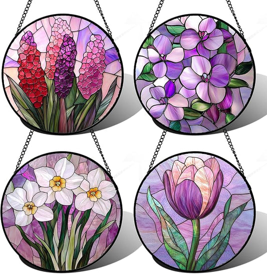 DASTOLL Stained Glass Window Hanging 4 Pcs Set Purple Flower Theme Large 15" - Tulip Suncatcher Door Garden Sun Catcher Decor Birthday Christmas for Plant Lovers Woman Nana Men