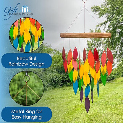 Blue Handworks Rainbow Waterfall Glass and Driftwood Chime, Sandblasted Glass and Found Wood Handcrafted Wind Chime