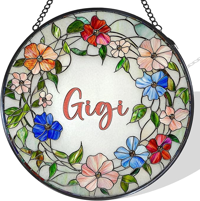 Gigi Floral Stained Glass Window Hanging Suncatcher for Grandma, Grandma's Garden Sun Catcher Window Wall Hanging Decor, Gigi Gifts for for Mothers Day Christmas Birthday, 7.8 x 7.8 in