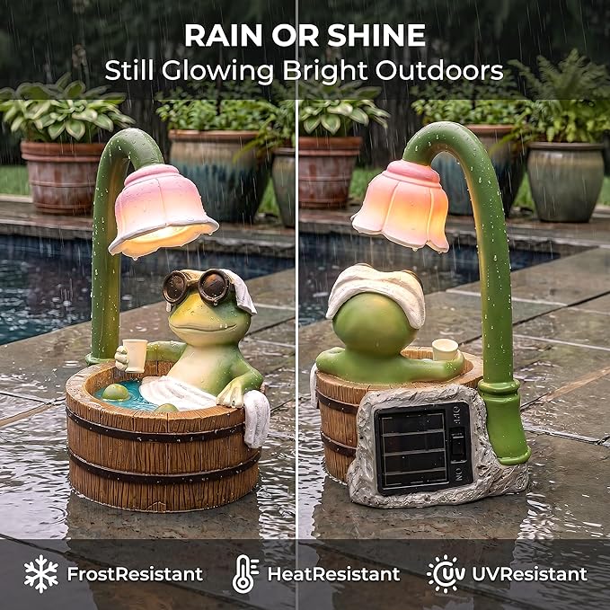 MXwcy Solar Garden Lights Frog Statue, 6.3" Resin Bath Frog Figurine Cute Frog Stuff Solar Garden Decor Accessory for Patio Yard Lawn, Frog Gifts for Women Mom Grandma