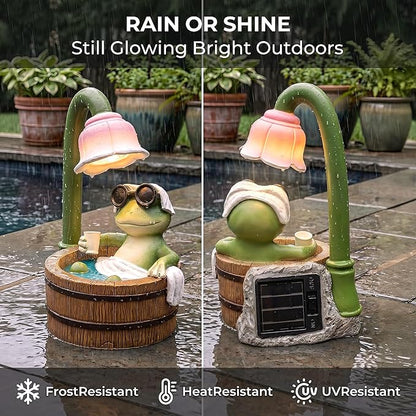 MXwcy Solar Garden Lights Frog Statue, 6.3" Resin Bath Frog Figurine Cute Frog Stuff Solar Garden Decor Accessory for Patio Yard Lawn, Frog Gifts for Women Mom Grandma