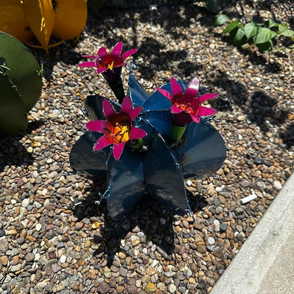 Handmade Metal Bisnaga Cactus with Flowers - Garden Art Decor (Blue)