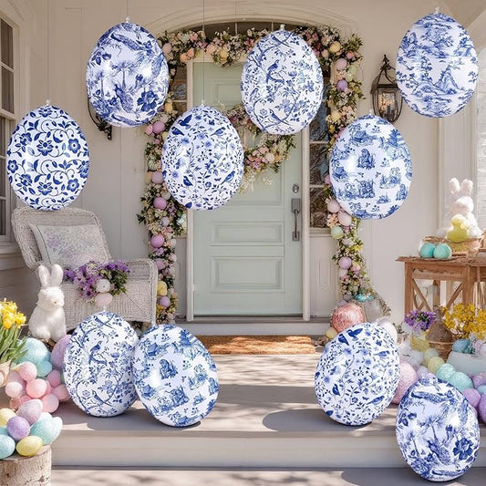 Realspring 12 Pcs 12 Inch Inflatable Blue and White Easter Eggs Decorations Chinoiserie Porcelain Easter Inflatables Outdoor Decor Spring Large Blow up Hanging Egg Ornaments for Holiday Party Supplies