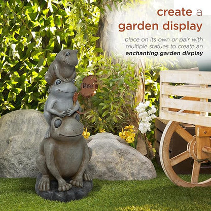 Alpine Corporation 18" Tall Outdoor Stacked Frogs Statue Holding Blessed Flower, Weatherproof Garden Decor, Gray