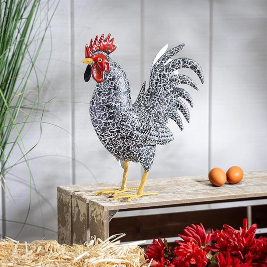 Evergreen Garden 14" Dark Rooster Metal Animal Statues, Garden Decor Metal Yard Art for Lawn Backyard Party Wedding Decoration