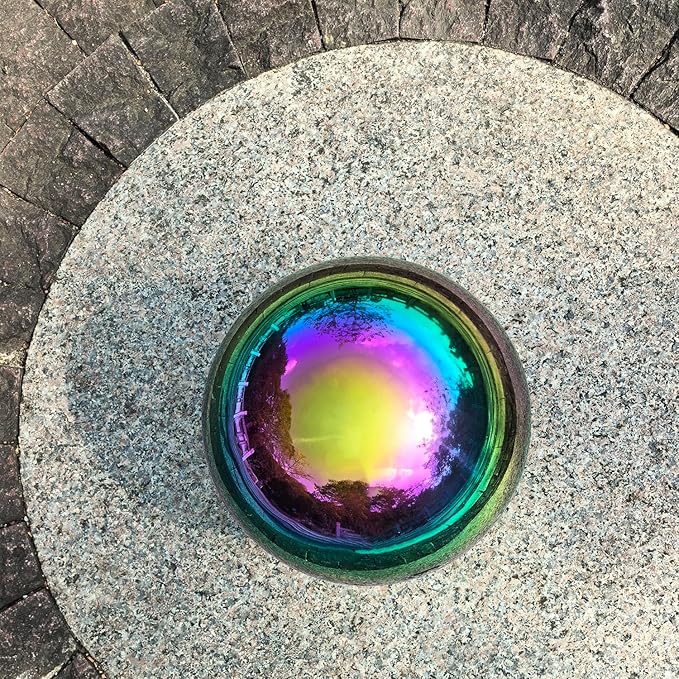 Gazing Ball for Garden Decor - 8-Inch Hollow Metal Sphere for Outdoor & Indoor Use, Patio, Yard, Flower Bed Accent Piece (Rainbow)